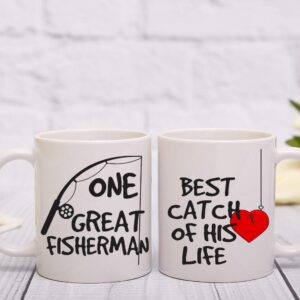 AW Fashions One Great Fisherman, Best Catch Of His Life Couples Mug - Funny Couple Mug - (2) 11OZ Coffee Mug - Funny Mug Gift Set - Mugs For Husband and Wife - Him And Her Gifts