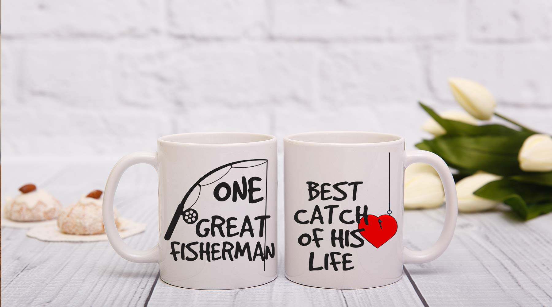 AW Fashions One Great Fisherman, Best Catch Of His Life Couples Mug - Funny Couple Mug - (2) 11OZ Coffee Mug - Funny Mug Gift Set - Mugs For Husband and Wife - Him And Her Gifts