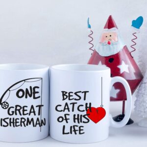 AW Fashions One Great Fisherman, Best Catch Of His Life Couples Mug - Funny Couple Mug - (2) 11OZ Coffee Mug - Funny Mug Gift Set - Mugs For Husband and Wife - Him And Her Gifts