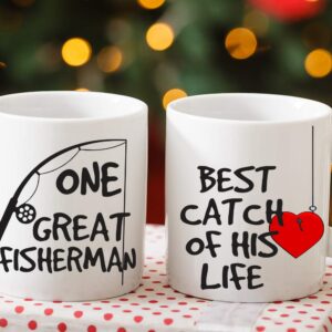 AW Fashions One Great Fisherman, Best Catch Of His Life Couples Mug - Funny Couple Mug - (2) 11OZ Coffee Mug - Funny Mug Gift Set - Mugs For Husband and Wife - Him And Her Gifts