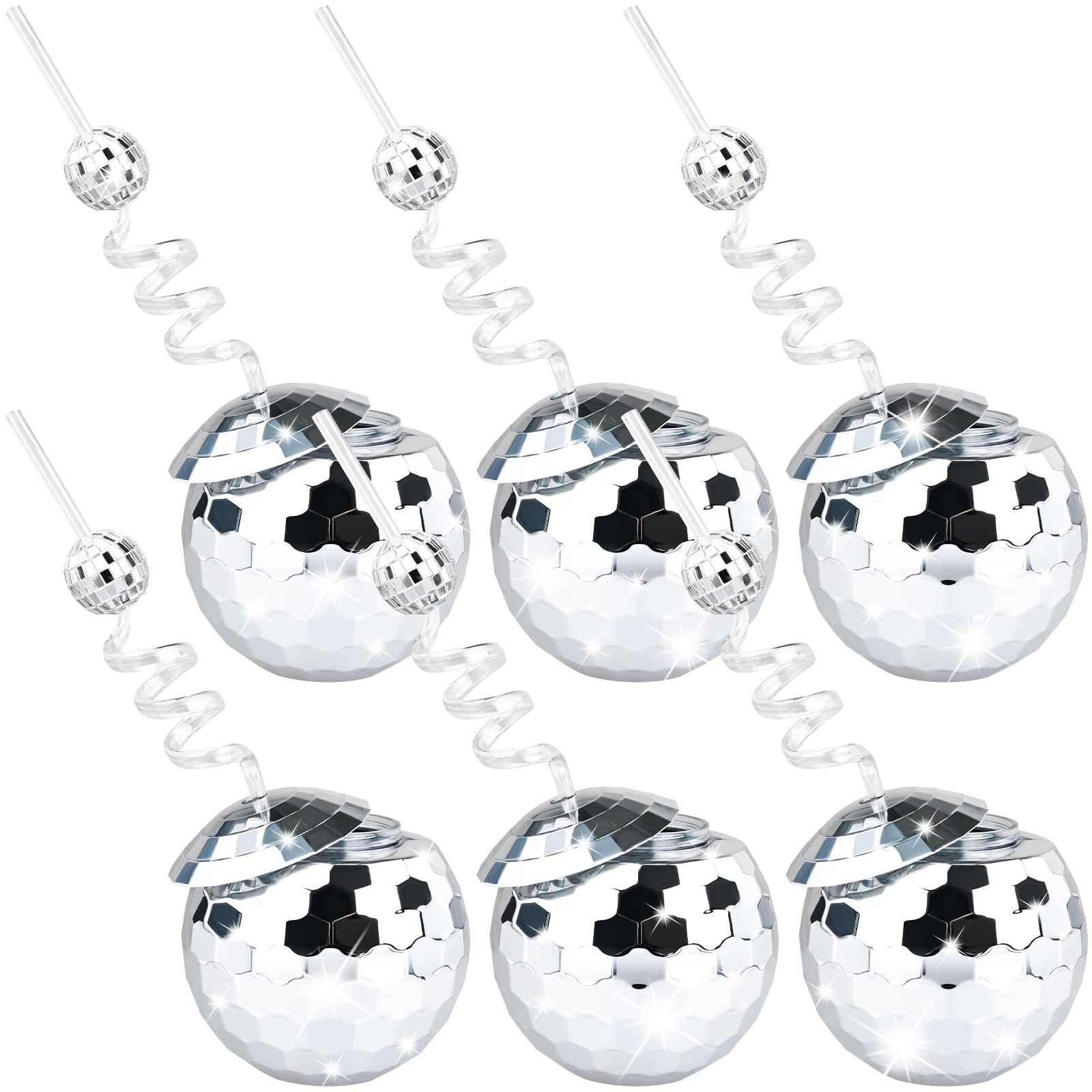 VAIPI 6 Pack Disco Ball Cups for Party 20 oz Wine Cups with Disco Mirror Ball Straws Stirrers Drink Tumbler Silver Flash Ball Cocktail Cup Ornament Cups for Wedding Bachelorette Party 2024 Decoration