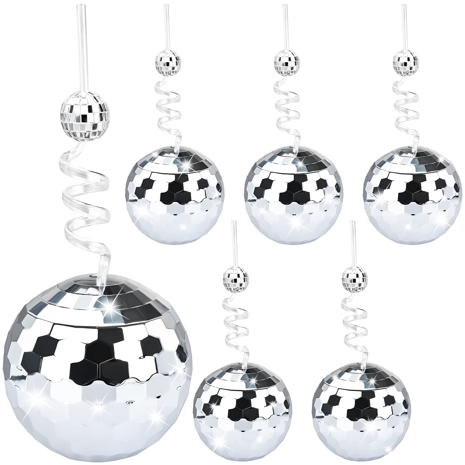 VAIPI 6 Pack Disco Ball Cups for Party 20 oz Wine Cups with Disco Mirror Ball Straws Stirrers Drink Tumbler Silver Flash Ball Cocktail Cup Ornament Cups for Wedding Bachelorette Party 2024 Decoration