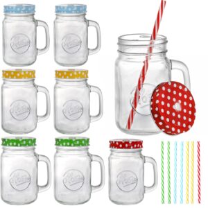 dicunoy set of 8 mason jar with handle and straw, 16oz mason jar cups with lid, old fashioned drinking glasses for iced coffee, smoothies, ice tea, lemonade, party favors