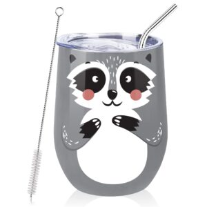 nymphfable 12oz raccoon cup insulated wine tumbler with lid and straw double wall stainless steel travel mug