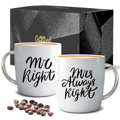 Triple Gifffted Mr Right Mrs Always Right Coffee Mugs Gifts Ideas for Couples, Wedding Anniversary, Engagement, Christmas, His & Hers, Bride and Groom, Parents, Newlyweds Bridal Shower, Ceramic 380ml