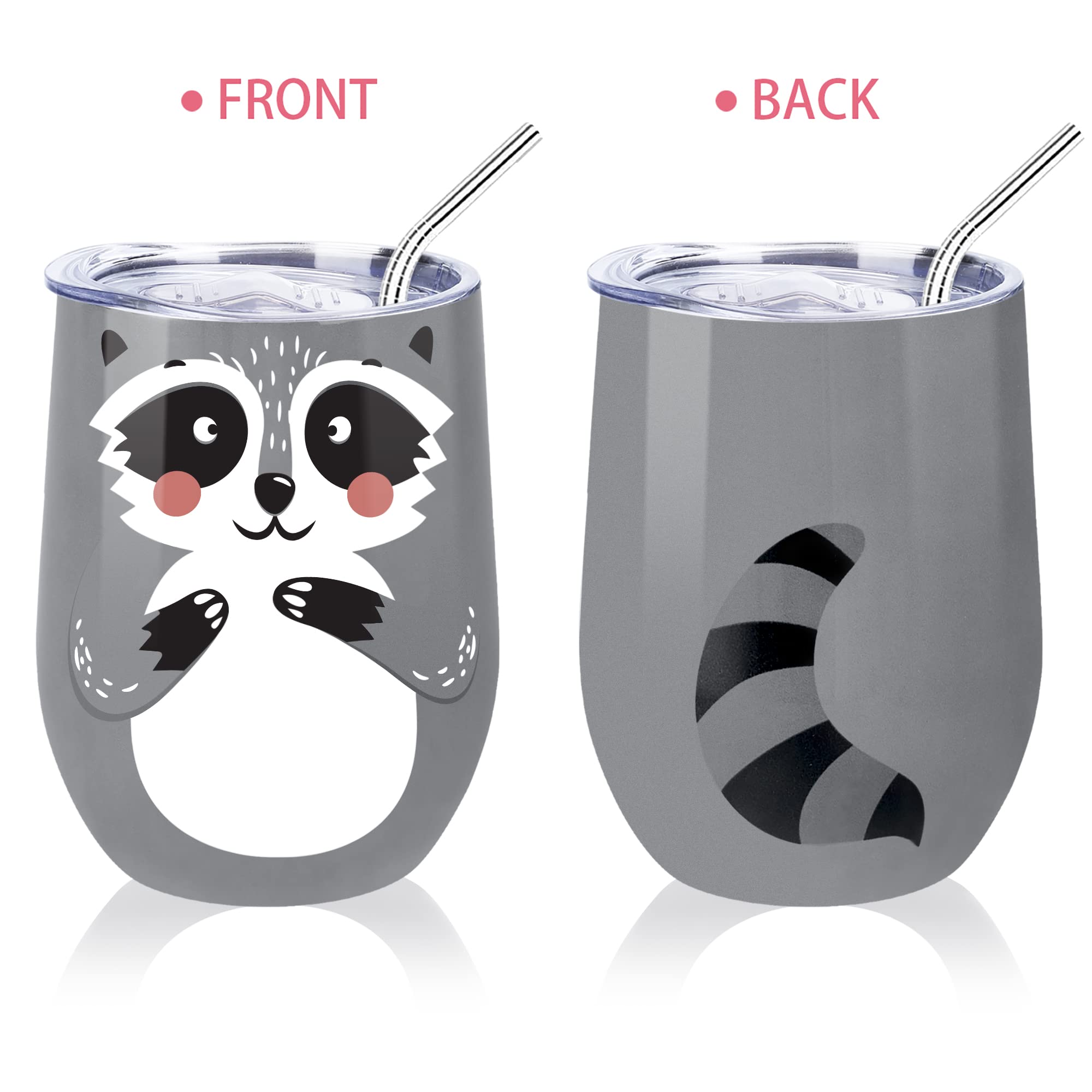 NymphFable 12oz Raccoon Cup Insulated Wine Tumbler With Lid and Straw Double Wall Stainless Steel Travel Mug