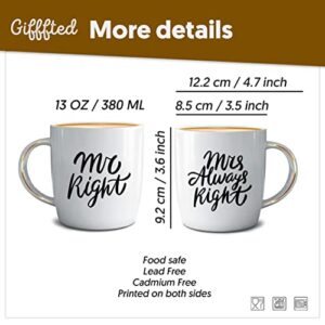 Triple Gifffted Mr Right Mrs Always Right Coffee Mugs Gifts Ideas for Couples, Wedding Anniversary, Engagement, Christmas, His & Hers, Bride and Groom, Parents, Newlyweds Bridal Shower, Ceramic 380ml