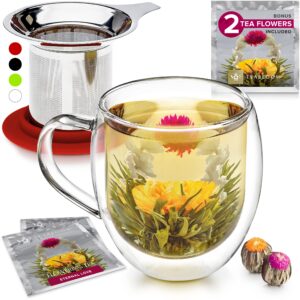 teabloom double-wall borosilicate glass mug with stainless steel infuser and lid – 15 oz / 430 ml – 2 gourmet tea flowers included