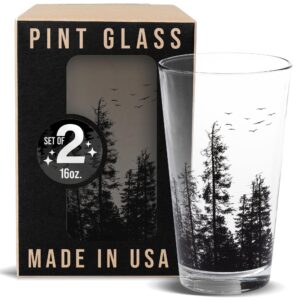black lantern handmade themed pint glasses – pint glasses in unique designs for craft beer enthusiasts and home bars - (set of two 16oz. glasses) pine tree forest design