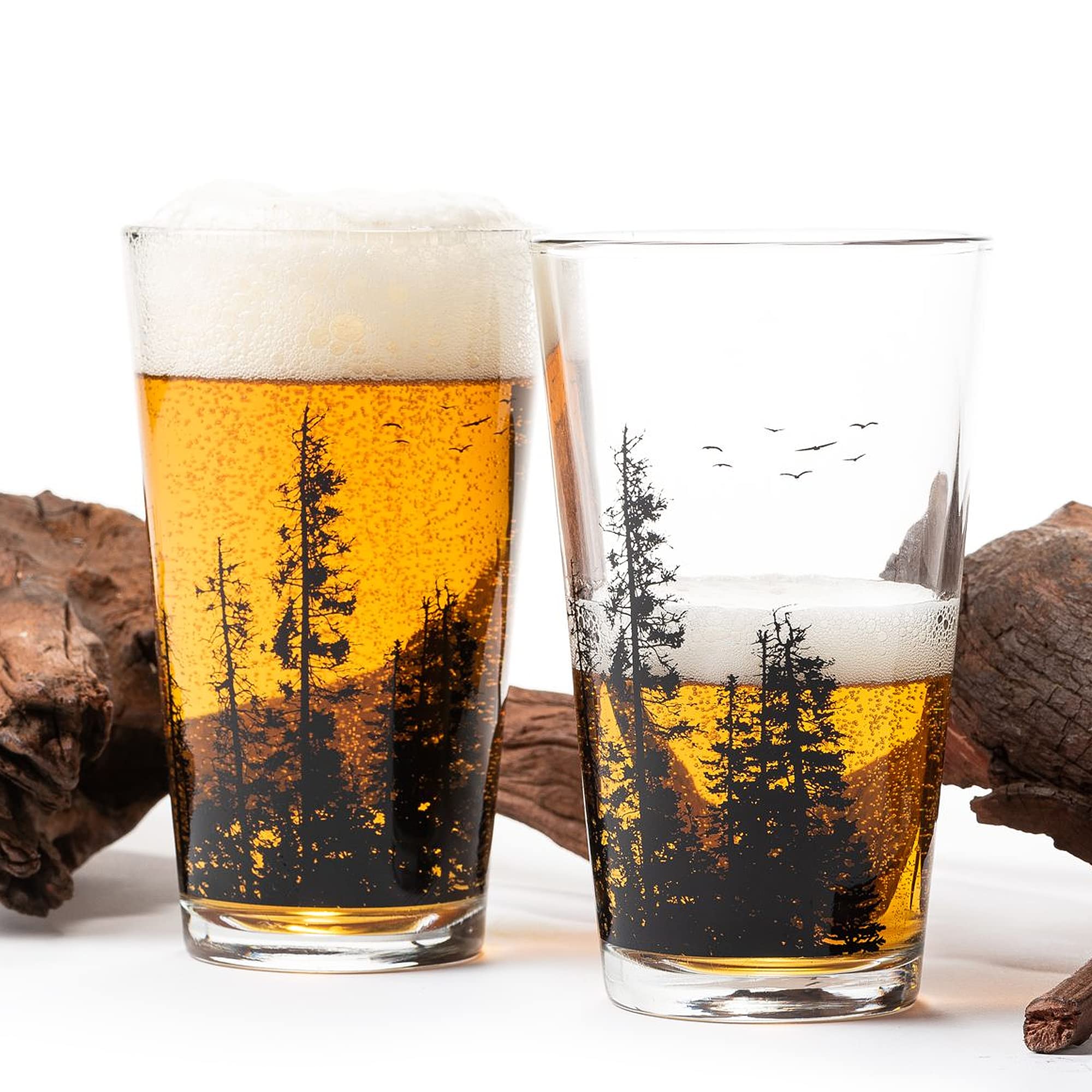 Black Lantern Handmade Themed Pint Glasses – Pint Glasses in Unique Designs for Craft Beer Enthusiasts and Home Bars - (Set of Two 16oz. Glasses) Pine Tree Forest Design