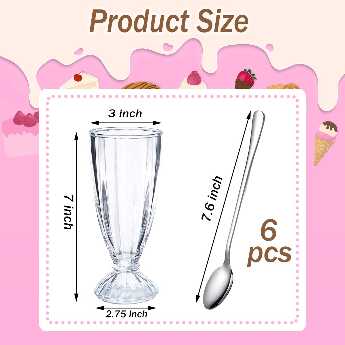 Cezoyx Set of 6 Milkshake Glasses with Spoons, 12 Oz Old Fashioned Soda Glasses Clear Cocktail Glasses, Ice Cream Sundae Cups for Smoothies, Milk Shakes, Sundaes and more