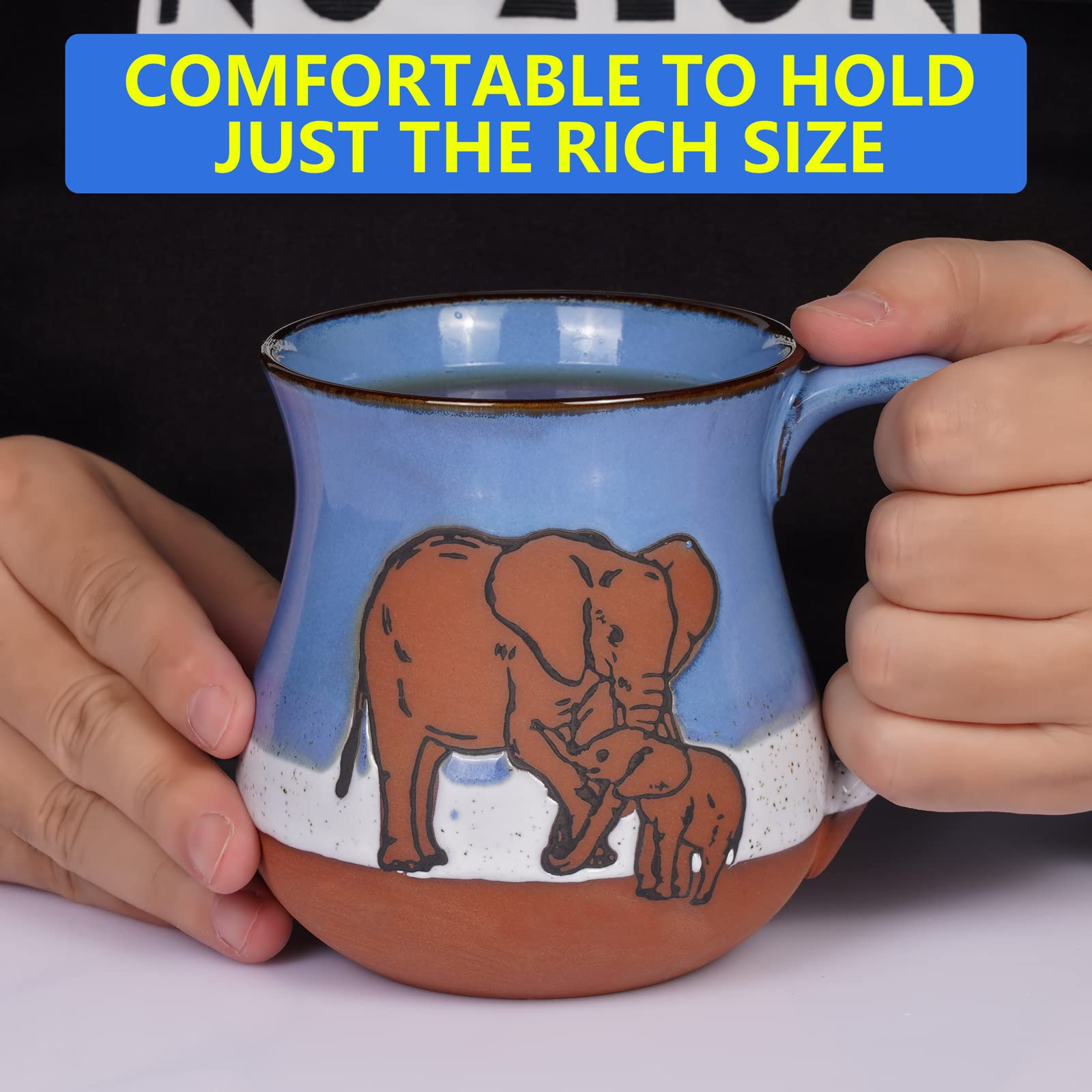 Ceramic Elephant Mug 16 oz Novelty Coffee Mug for Men and Women Holiday Housewarming Chirstmas Birthday Gifts for Women Men Mom Dad Kids Friend Handmade Stoneware Tea Milk Morning Coffee Cup Blue