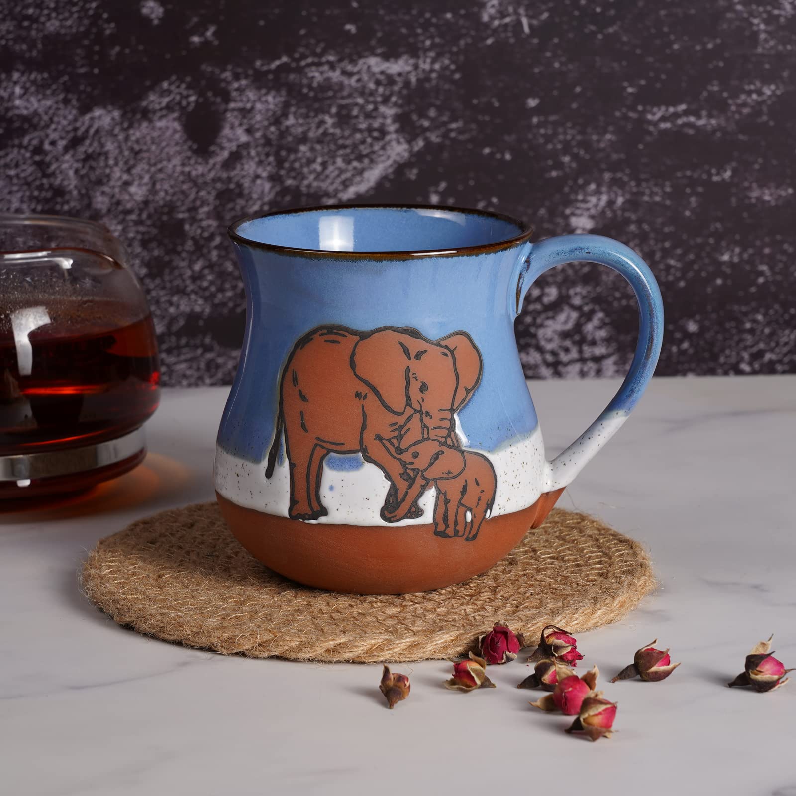 Ceramic Elephant Mug 16 oz Novelty Coffee Mug for Men and Women Holiday Housewarming Chirstmas Birthday Gifts for Women Men Mom Dad Kids Friend Handmade Stoneware Tea Milk Morning Coffee Cup Blue