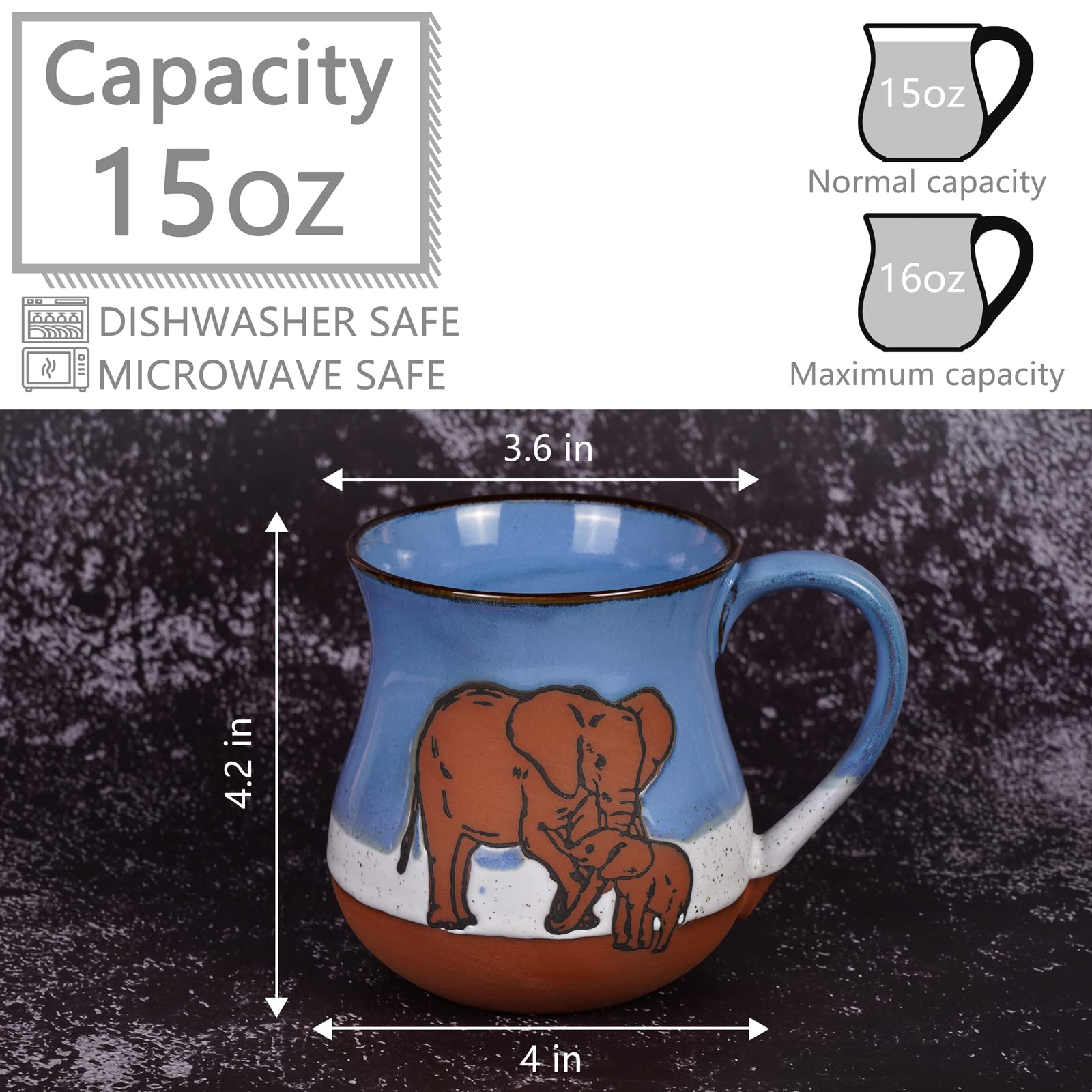 Ceramic Elephant Mug 16 oz Novelty Coffee Mug for Men and Women Holiday Housewarming Chirstmas Birthday Gifts for Women Men Mom Dad Kids Friend Handmade Stoneware Tea Milk Morning Coffee Cup Blue