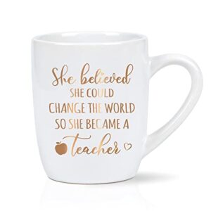 maustic teacher gifts for women, she believed she could change the world so she became a teacher coffee mug, teacher appreciation gifts for teachers day, christmas, birthday, 12 oz white