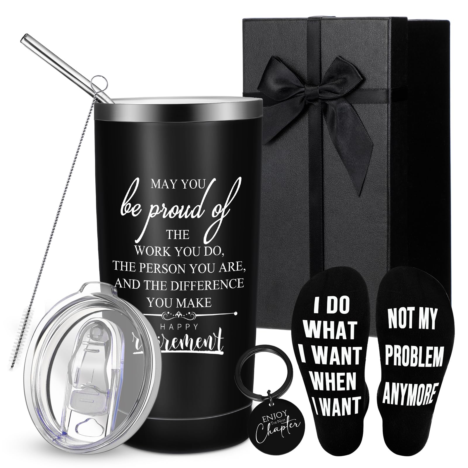 Set of 4 Retirement Gifts for Men 20 oz Stainless Steel Travel Coffee Mug with Lid Straw and Brush Funny Retirement Socks Enjoy the Next Chapter Keychain Retirement Gifts Box for Coworker Dad Officer