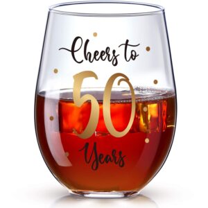 50th birthday stemless wine glass, gold cheers to 50 years birthday wine glass present for men women 50th birthday party wedding anniversary party decorations, 17 oz stemless