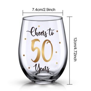 50th Birthday Stemless Wine Glass, Gold Cheers to 50 Years Birthday Wine Glass Present for Men Women 50th Birthday Party Wedding Anniversary Party Decorations, 17 oz Stemless