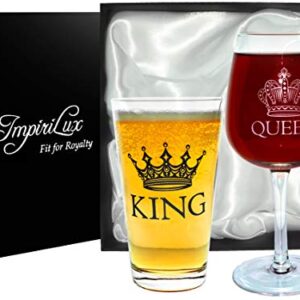 King Beer & Queen Wine Glass Set | Beautiful Gift for Newlyweds, Engagements, Anniversaries, Weddings, Parents, Couples, Christmas - Novelty Drinking Glassware (King Beer & Queen Wine Glass Set)