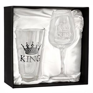 King Beer & Queen Wine Glass Set | Beautiful Gift for Newlyweds, Engagements, Anniversaries, Weddings, Parents, Couples, Christmas - Novelty Drinking Glassware (King Beer & Queen Wine Glass Set)