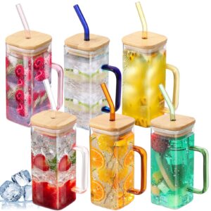 6 pcs glass cup with bamboo lid and straw 13.5 oz beer can shaped drinking glasses iced coffee cup with handle square iced coffee tumbler clear tall drinking jars wide mouth smoothie jars, 6 colors