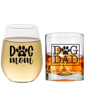 dog mom wine glass and dog dad whiskey glass set for dog lovers - best gift for dog owners, couples, rescue dogs, men and women - funny and cool gifts for couples with pets