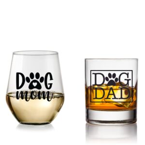 Dog Mom Wine Glass and Dog Dad Whiskey Glass Set for Dog Lovers - Best Gift for Dog Owners, Couples, Rescue Dogs, Men and Women - Funny and Cool Gifts for Couples With Pets