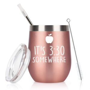 gingprous it's 3:30 somewhere stainless steel wine tumbler glass with lid and straw, funny teacher professor gifts, graduation birthday thank you gifts for teachers, 12 oz insulated tumbler