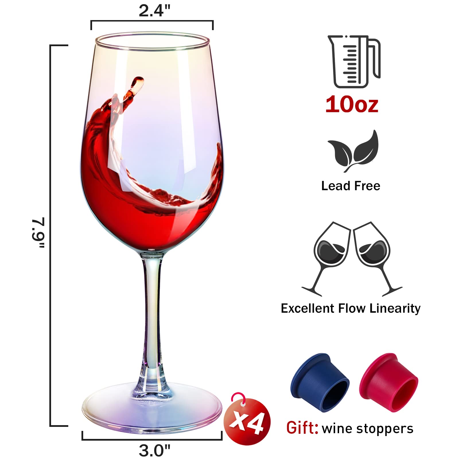 GoldArea Wine Glasses Set of 4, 10oz Iridescent Crystal Wine Glasses, Long Stem Colored Wine Glasses for Red and White Wine, Ideal Gift for Wine Lovers, Birthday, Wedding