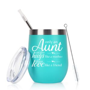 gingprous auntie christmas birthday gifts wine tumbler, funny birthday mother's day gifts for aunts from nephew niece, 12 oz auntie sippy cup insulated stainless steel wine tumbler with lid, mint