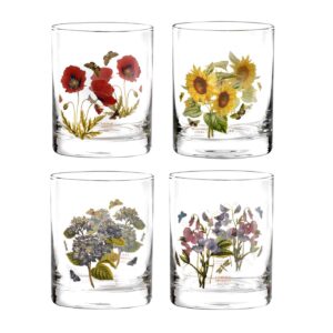 Portmeirion Botanic Garden Double Old Fashioned Glasses | Set of 4 Glass Tumblers | Ideal for Bourbon or Scotch | 16 Oz Whiskey Glasses with Assorted Motifs