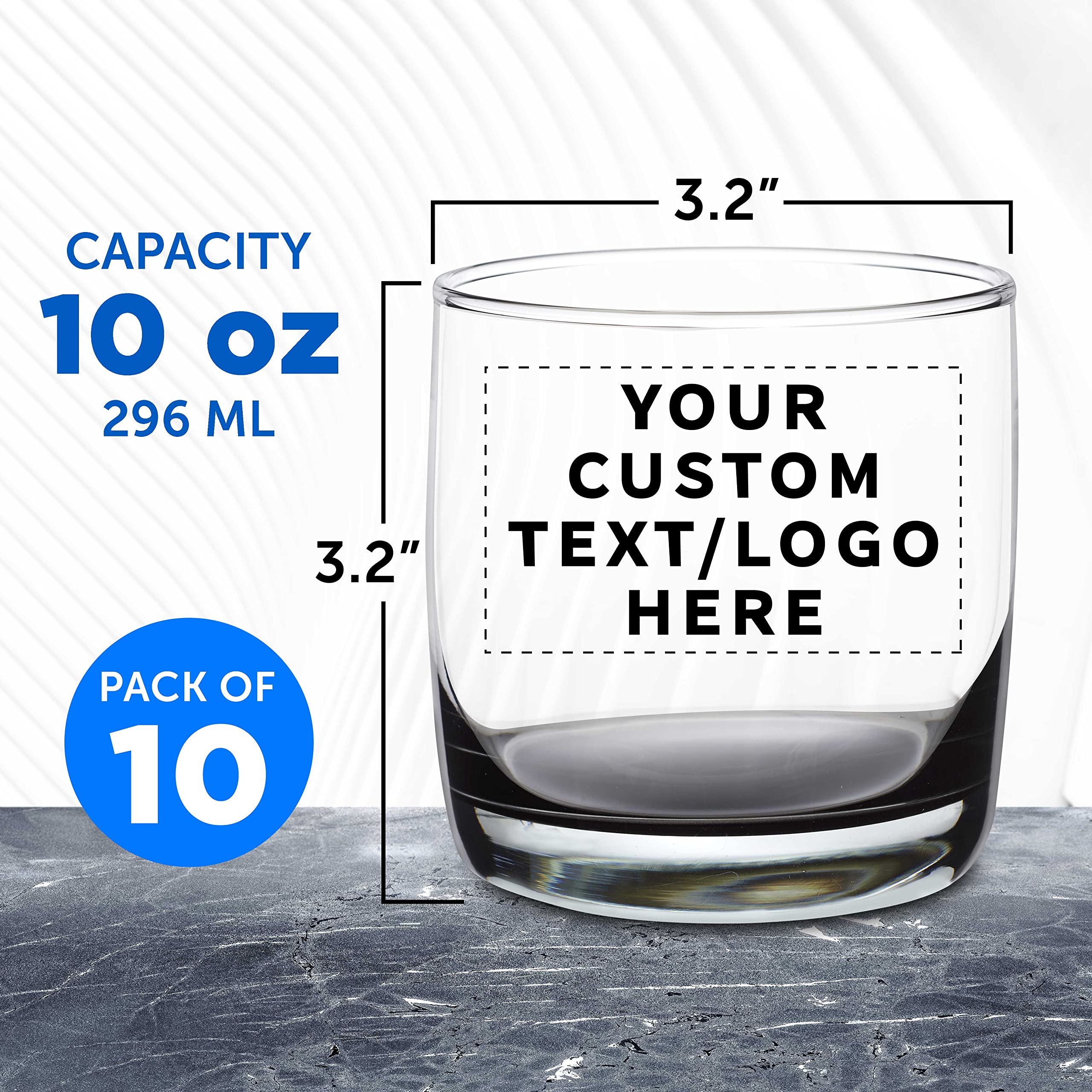 Custom Whiskey Glasses 10 oz Set of 10, Personalized Bulk Pack - Heavy Base Old Fashioned Glass, Perfect for Scotch, Bourbon, Whiskey, Cocktail - Black