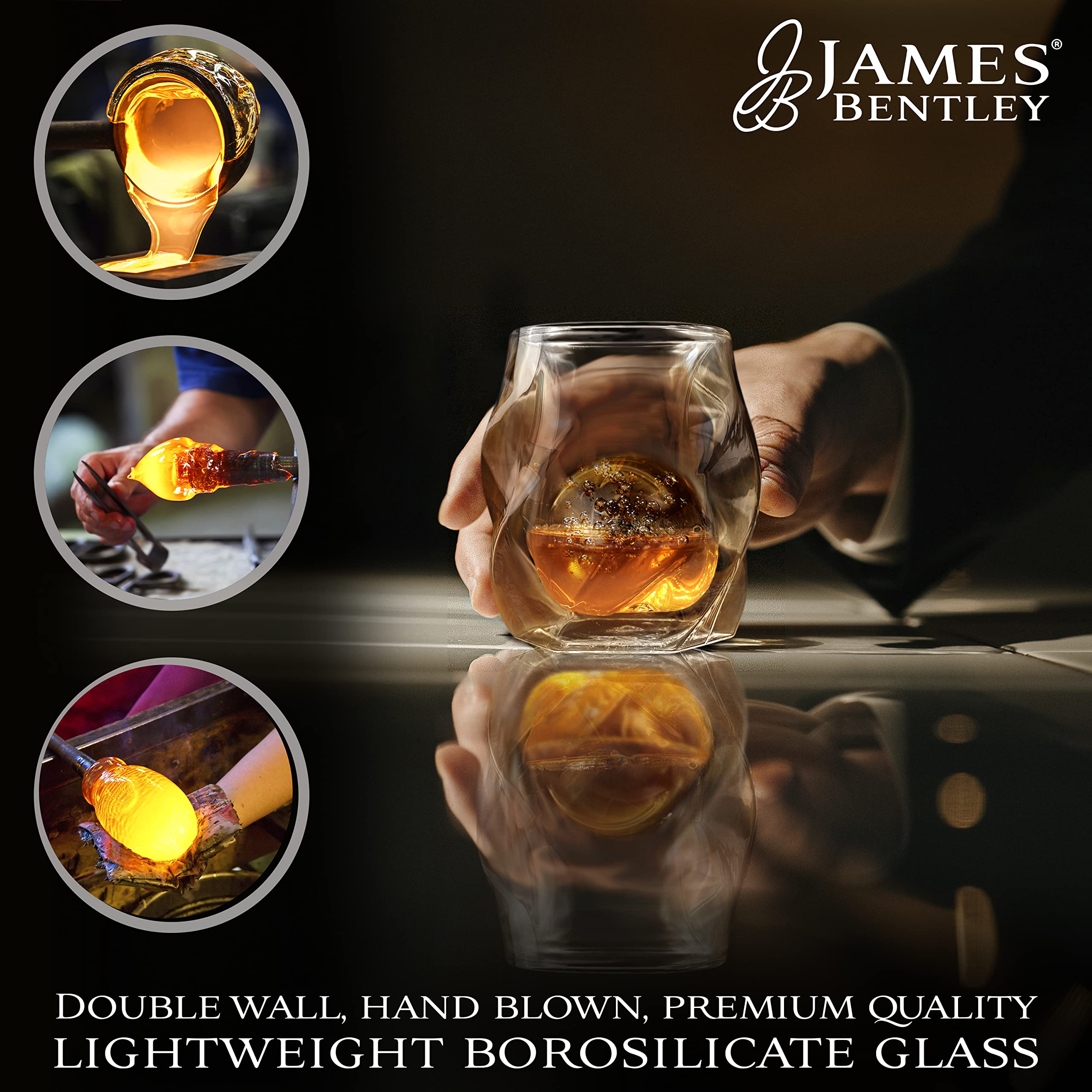 JAMES BENTLEY JB Whiskey Glass, Elevate your Drinking Experience Whiskey Set of 2 Hand Blown, Double Wall Glass Tumbler (6oz) with 2X Ice Ball Mold/Bourbon, Whiskey, Scotch Glasses for Men