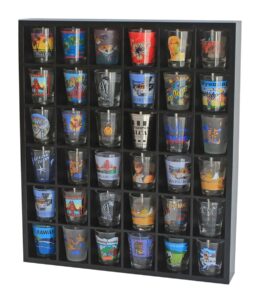 black shot glass display case 36 slots minifigures thimble collection display rack 17.25" h x x 15.75" w - no door (for all short shot glasses)