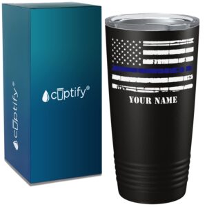 personalized distressed thin blue line flag police officer on black 20 oz tumbler with lid - law enforcement gift - insulated cup - travel mug