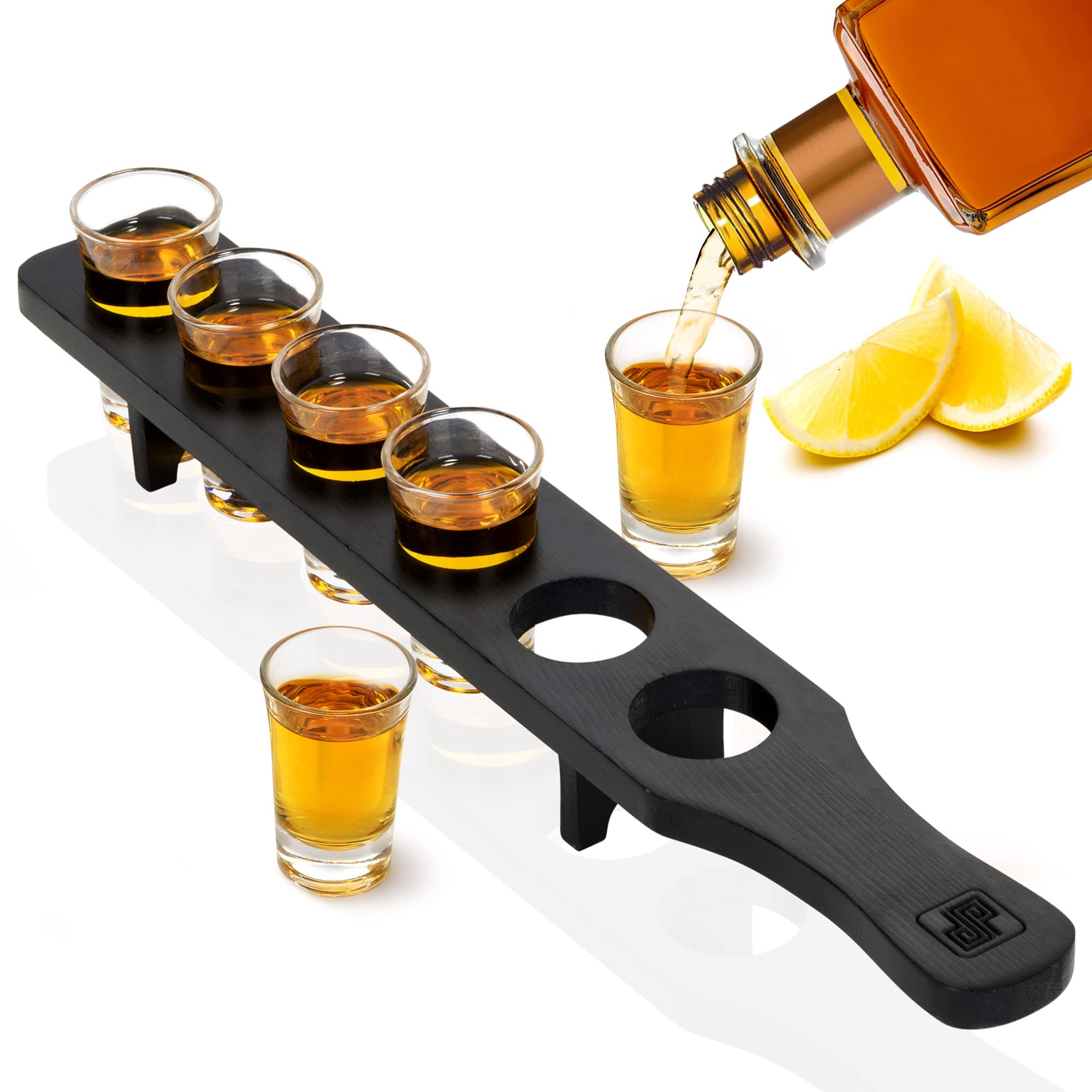 Don Paragone Shot Glasses Bulk Serving Tray and Shot Glass Set of 6 - Tequila Shot Glasses with Wooden Holder - Small Clear Shot Glasses For Restaurant, Bar, Party (Modern Black Deluxe)