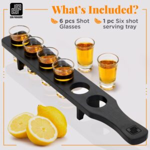 Don Paragone Shot Glasses Bulk Serving Tray and Shot Glass Set of 6 - Tequila Shot Glasses with Wooden Holder - Small Clear Shot Glasses For Restaurant, Bar, Party (Modern Black Deluxe)