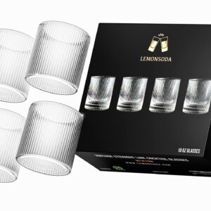 LEMONSODA Premium Vintage Straight Line Double Rocks Glasses and Tumblers - Quality Glass Great for Gifts, Men, Dad, Husband, Women, Whiskey Lovers (10 oz Tumblers - Set of 4)