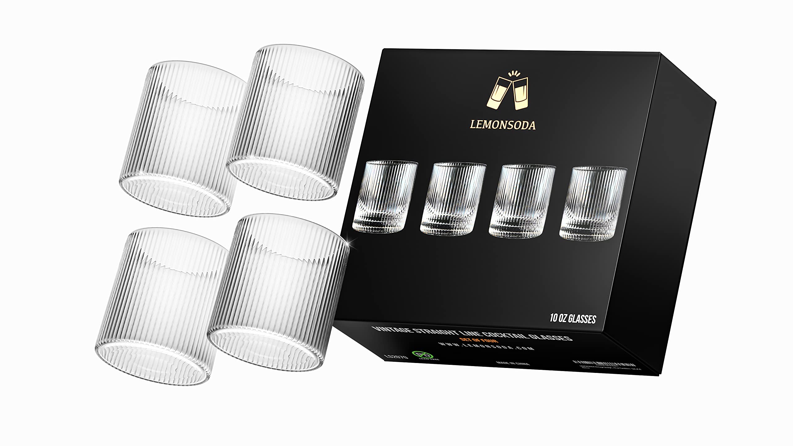 LEMONSODA Premium Vintage Straight Line Double Rocks Glasses and Tumblers - Quality Glass Great for Gifts, Men, Dad, Husband, Women, Whiskey Lovers (10 oz Tumblers - Set of 4)