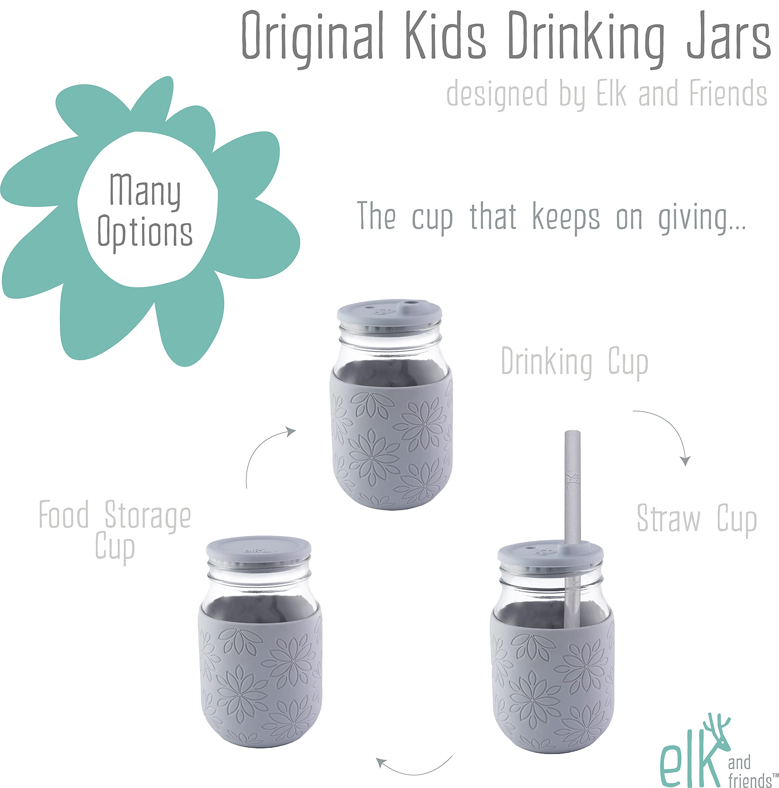 Elk and Friends 16 oz Mason Jar Cups with Silicone Lids + Silicone Straws | Pint Glass Jars | Smoothie Cups | Drinking Glasses | Oats Container + Food Storage | 4 Pack | Multiple Color Options