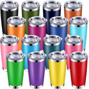 16 packs stainless steel skinny tumblers with lids, 20 oz double wall vacuum insulated travel mug reusable water coffee cup for cold hot drinks, 16 assorted colors