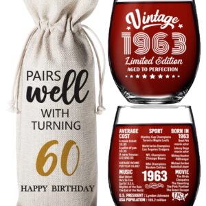 60th Birthday Gifts for Women Men -60 Year Old Birthday Decoration Gift - 60th Anniversary Party Supplies -15 Oz 1 Stemless Wine Glass And 1 Wine Bag