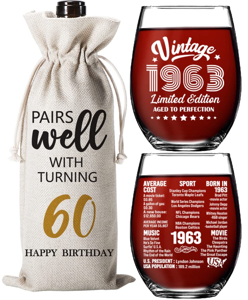 60th Birthday Gifts for Women Men -60 Year Old Birthday Decoration Gift - 60th Anniversary Party Supplies -15 Oz 1 Stemless Wine Glass And 1 Wine Bag