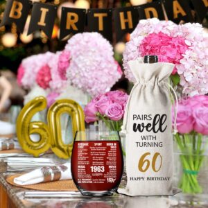 60th Birthday Gifts for Women Men -60 Year Old Birthday Decoration Gift - 60th Anniversary Party Supplies -15 Oz 1 Stemless Wine Glass And 1 Wine Bag