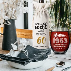 60th Birthday Gifts for Women Men -60 Year Old Birthday Decoration Gift - 60th Anniversary Party Supplies -15 Oz 1 Stemless Wine Glass And 1 Wine Bag
