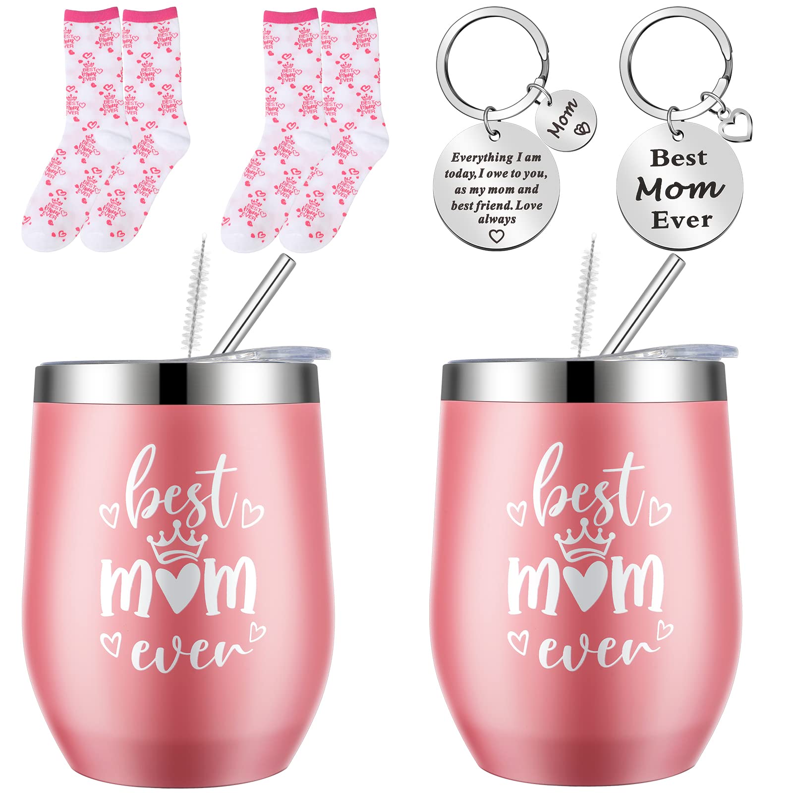 Ferraycle 2 Sets Teacher/Mom Cups for Women, Teacher/Mom Appreciation Gifts Daycare Mug Tumbler Keychain Socks for Appreciation Prechool Gift Teachers' Day/Mother's Day (Mom)