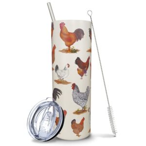 breeds of chicken tumbler, chicken gifts for chicken lovers, rooster cup, breeds of chicken tumbler, cute tumbler with lid and straw, chicken cup travel mug coffee mugs- 20 oz chicken breed tumbler