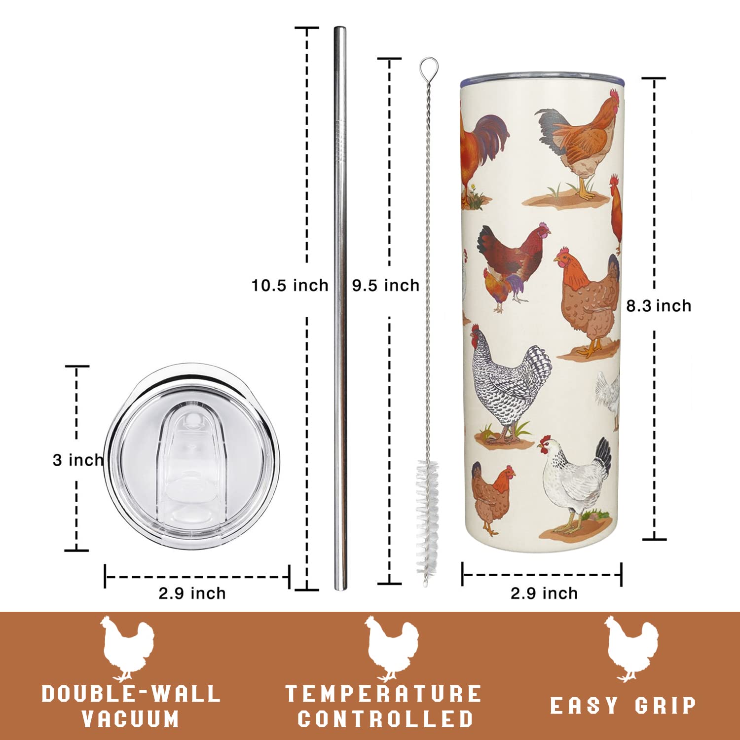 Breeds of Chicken Tumbler, Chicken Gifts for Chicken Lovers, Rooster Cup, Breeds of Chicken Tumbler, Cute Tumbler with Lid and Straw, Chicken Cup Travel Mug Coffee Mugs- 20 OZ Chicken Breed Tumbler