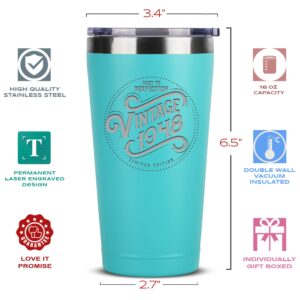 75th Birthday Gifts for Women and Men - 1948 Vintage 16 oz Stainless Steel Mint Coffee Tumbler