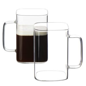 chryslin glass coffee mugs,20oz large coffee cups with handle,square clear mugs set of 2,heat resistant glass cup for hot/cold coffee tea beverage